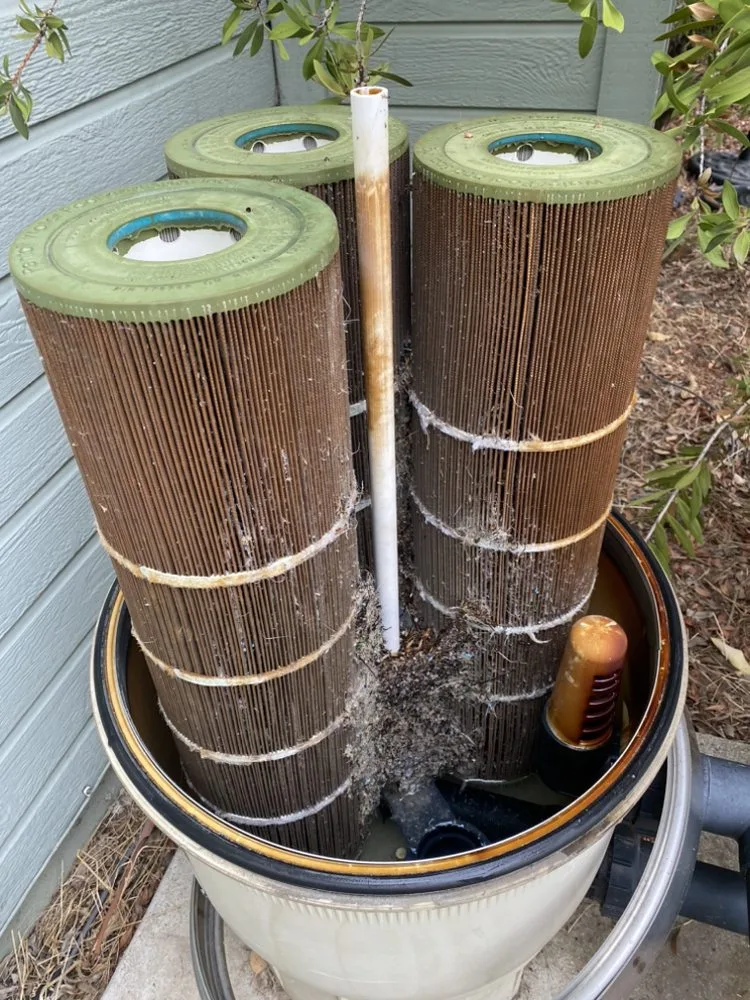 Cartridge filters being lifted out of an open filter housing