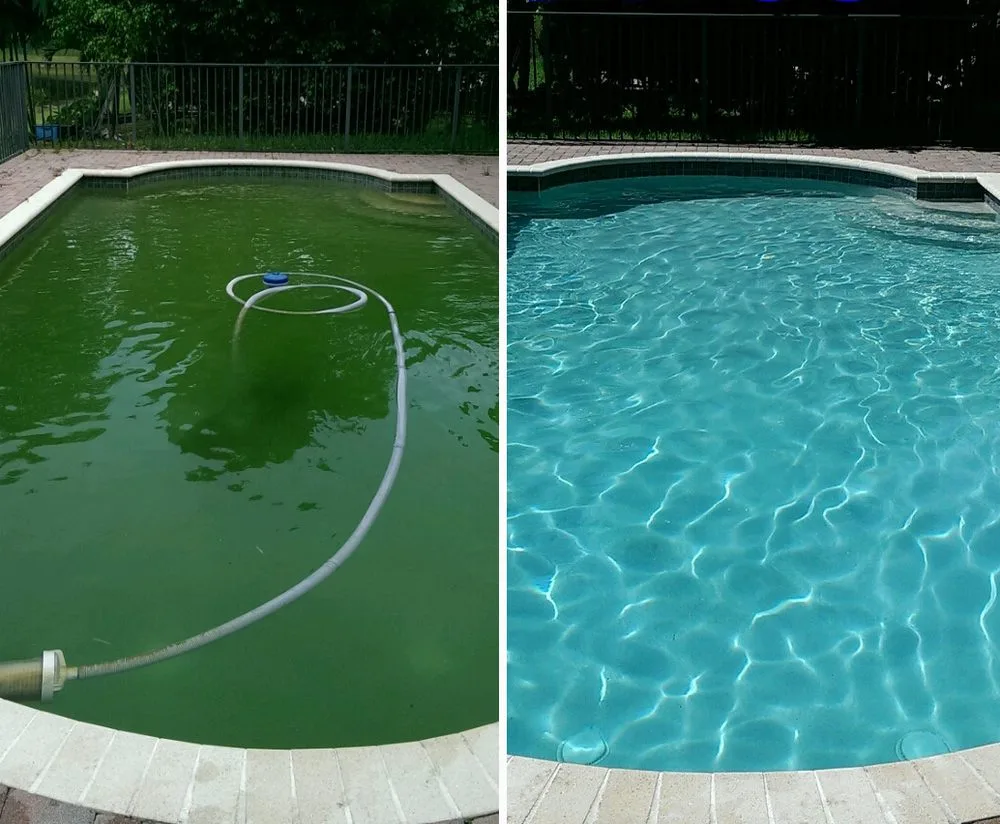 The same pool shown twice: on the left the water is dark green with a vacuum hose in it, on the right it is clear blue